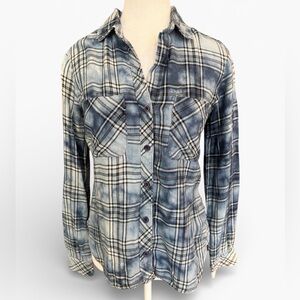 Bella‎ Dahl Western Blue Plaid Button Down Shirt Women's XS Soft Distressed Wash